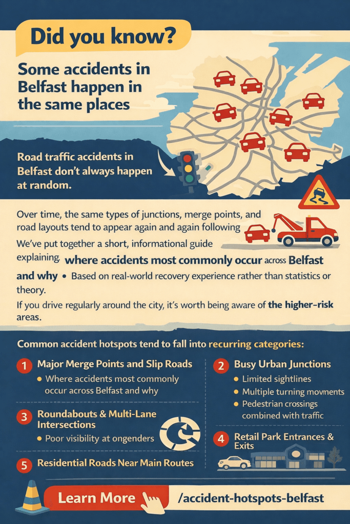 Infographic showing common accident hotspot patterns across Belfast, with recurring high-risk road layouts and junction types highlighted.