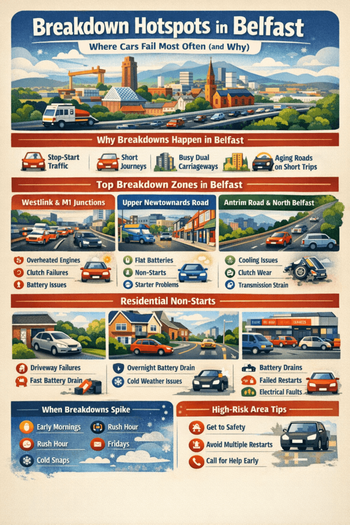 Infographic showing common car breakdown hotspots in Belfast, including the Westlink, M1 junctions, Upper Newtownards Road, Antrim Road, retail parks, and residential areas, with typical causes like flat batteries, clutch wear, and overheating