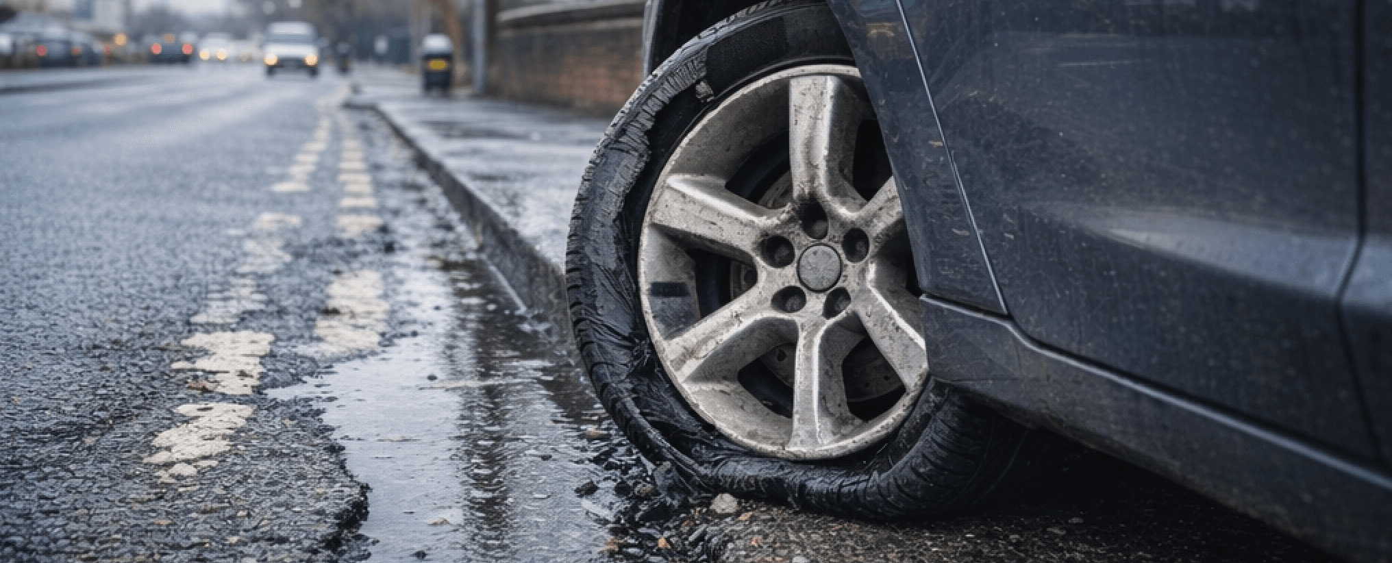 Burst tyre after hitting a pothole in Northern Ireland