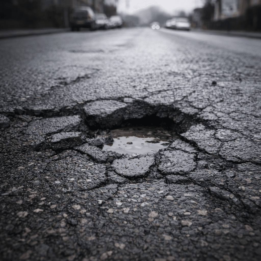 Large pothole on a wet road in Belfast causing vehicle damage risk