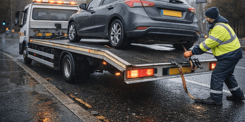 Recovery truck loading damaged car after pothole breakdown in Northern Ireland